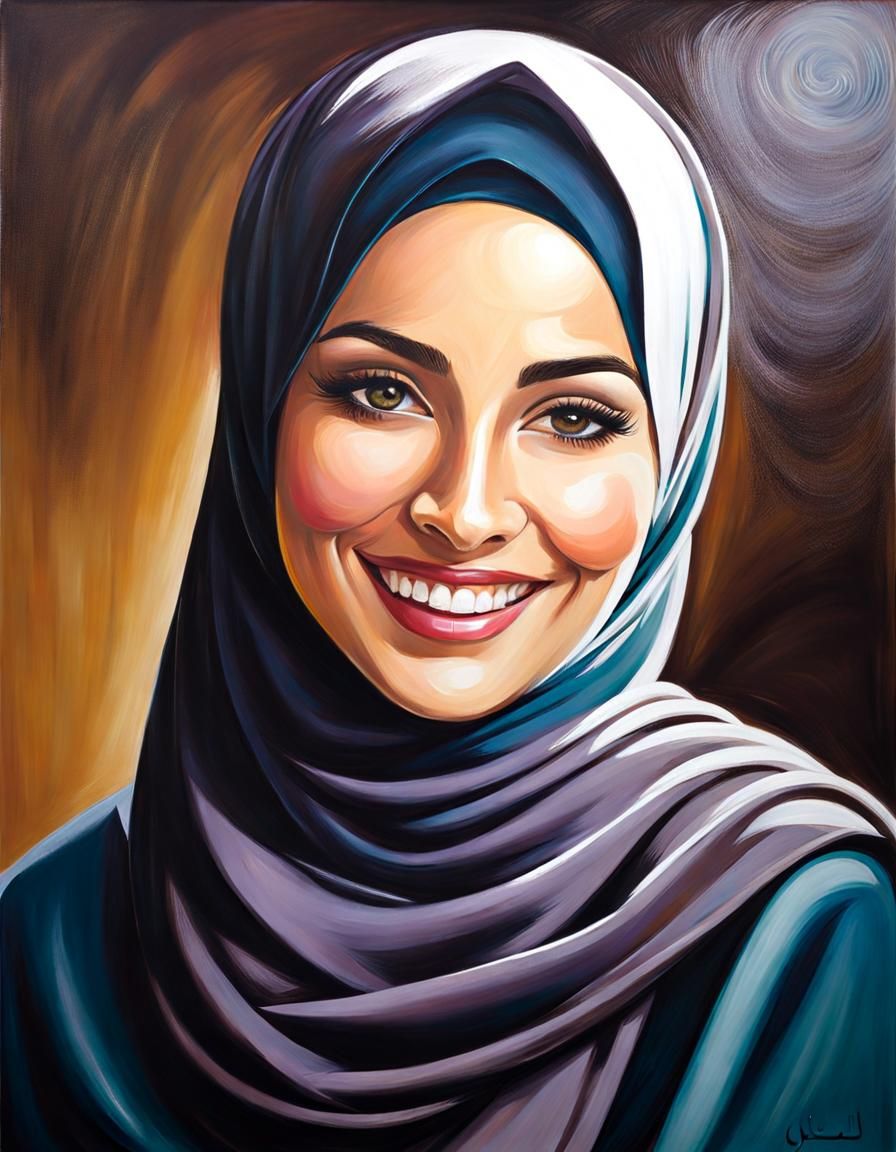 Elegant Woman with Hijab in Oil Painting Style