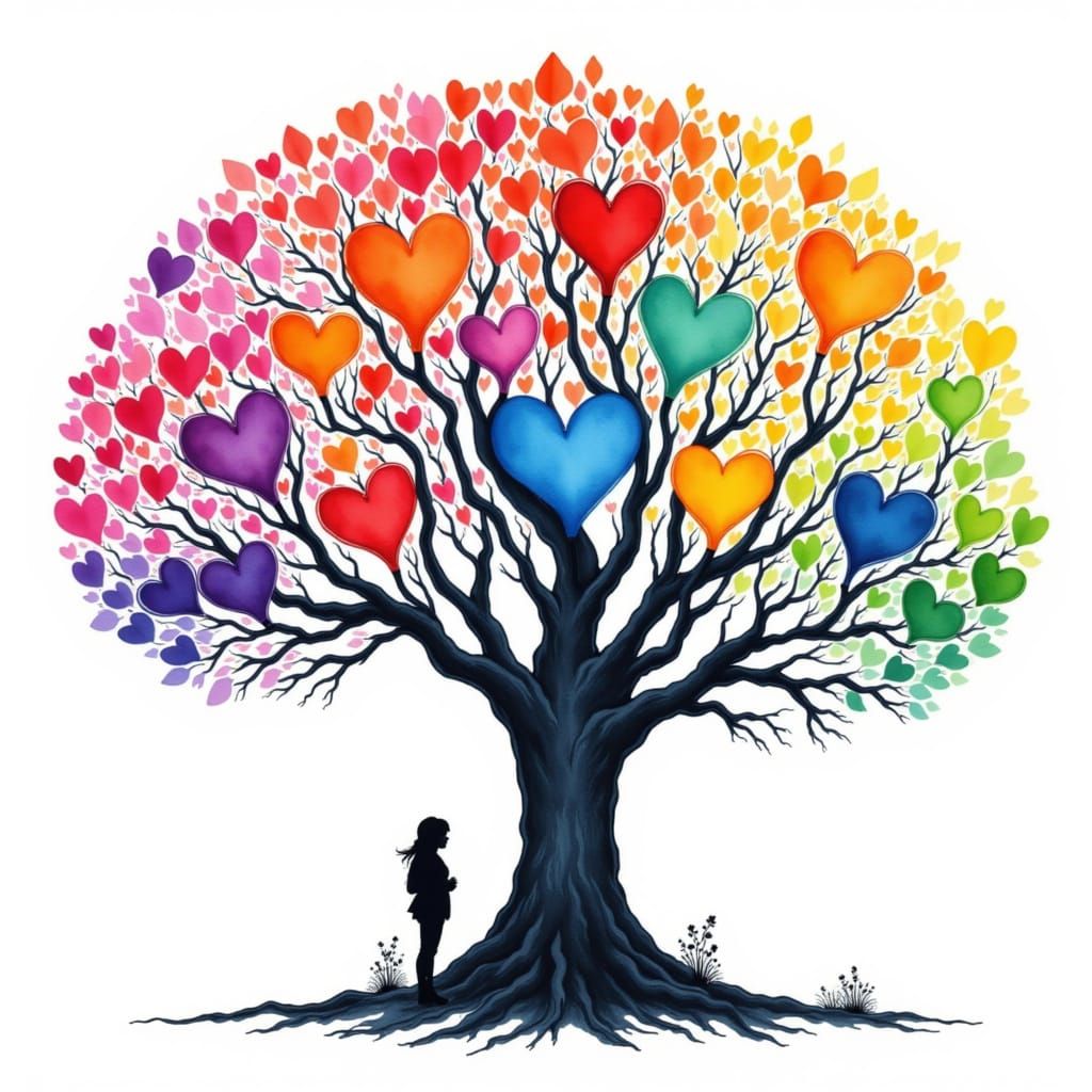 Chibi Tree of Life with Rainbow Heart Leaves