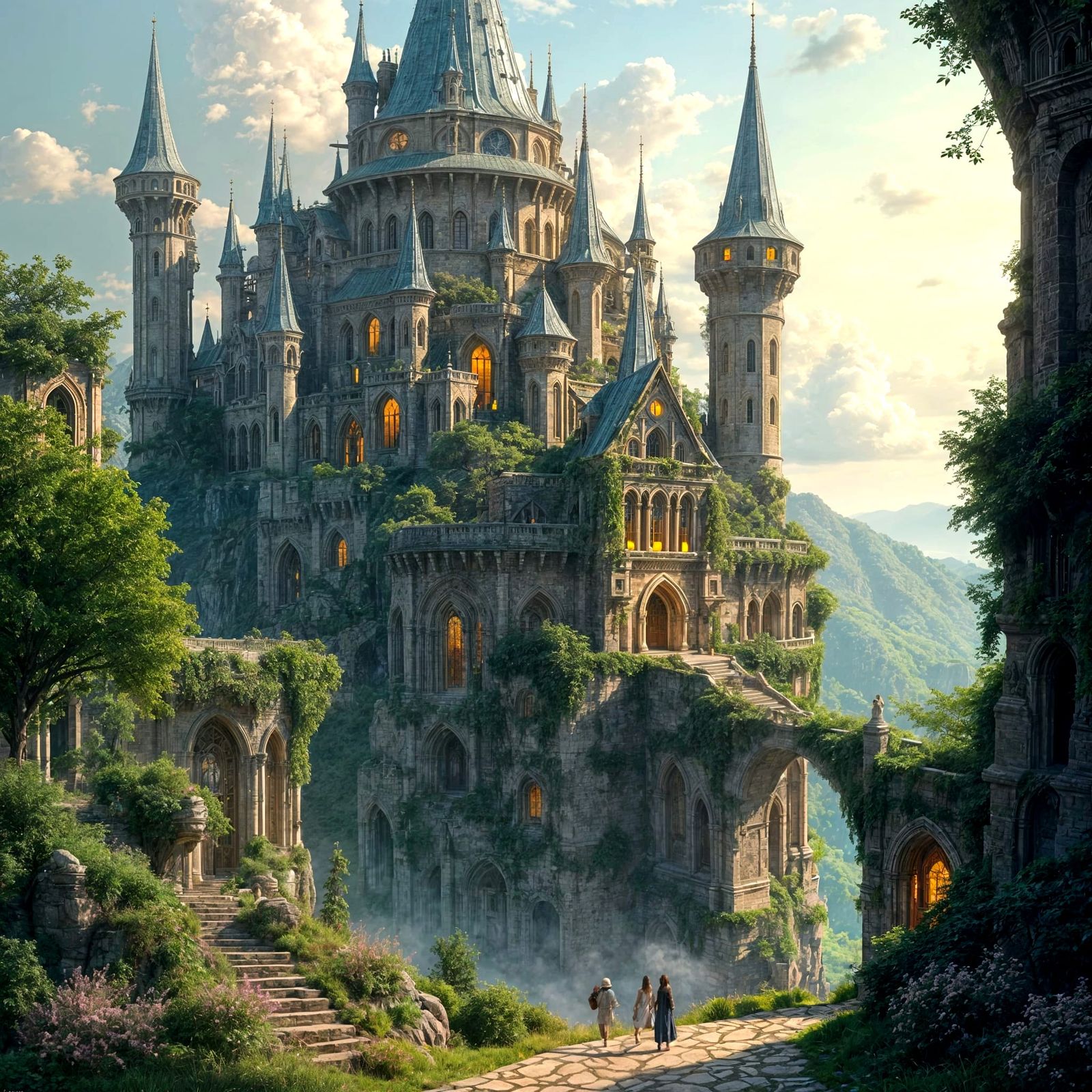 Fantasy Library-Fortress Overlooks Serene Landscape