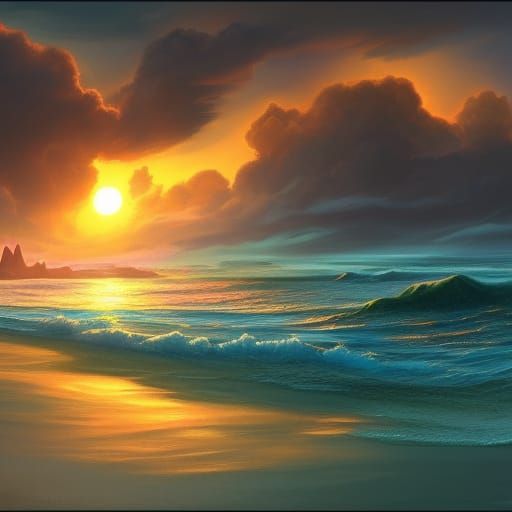 Beautiful Realistic Sunset Painting on Ocean Shore