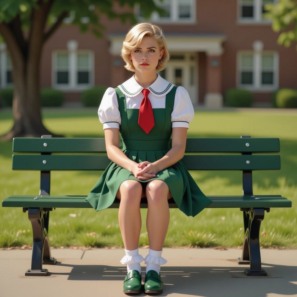 Man Crossdressing in School Uniform on Bench