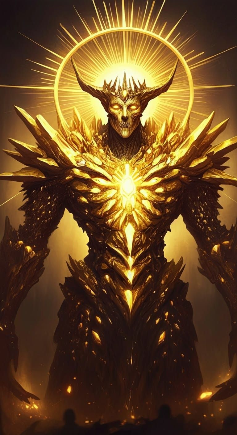 Surreal Gilded Titan Commands Worship in Blinding Brilliance