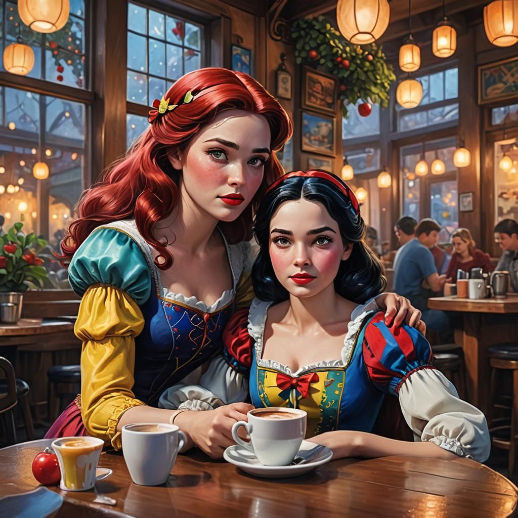Disney's Ariel and snow white in a cafe
