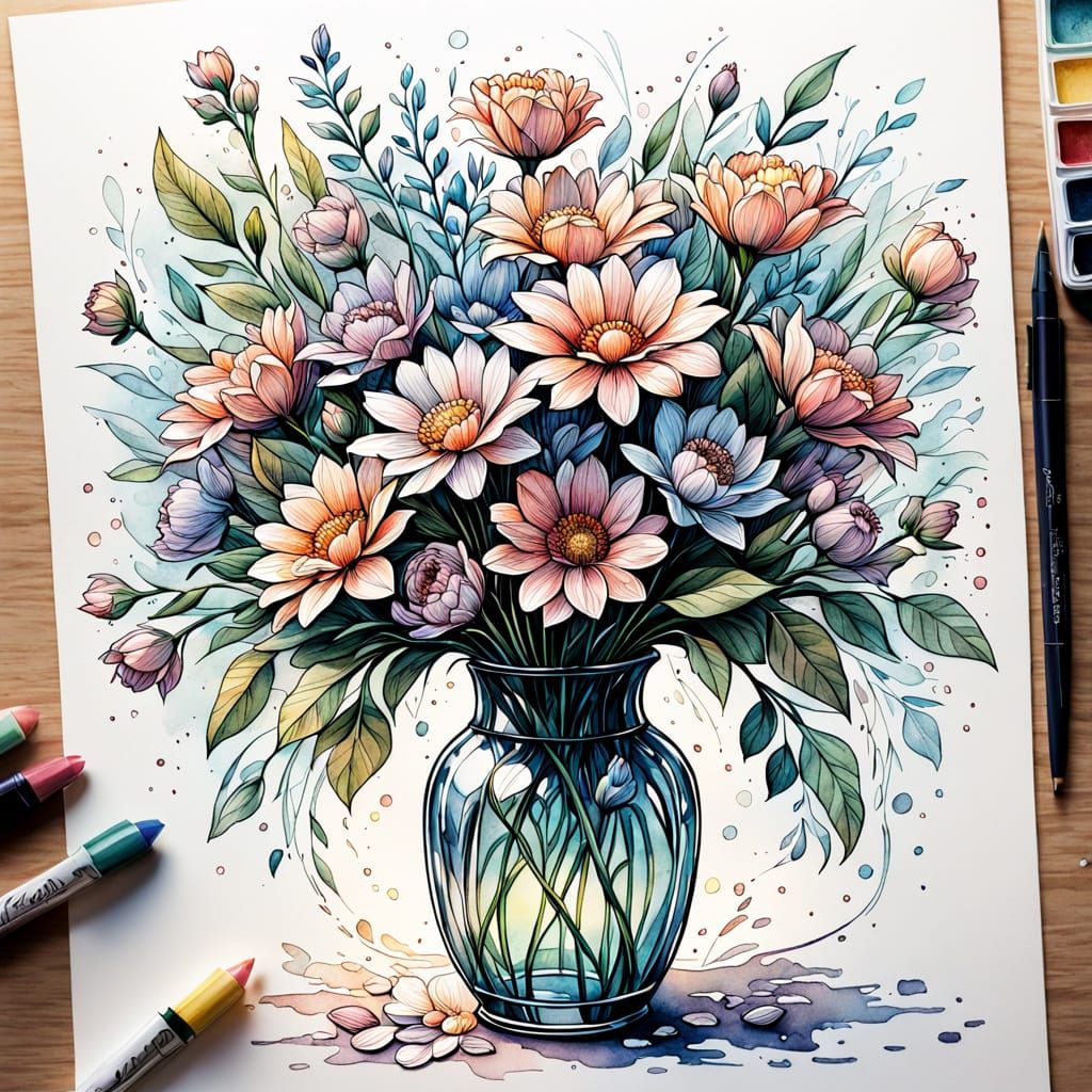 Watercolor Ink Flower Bouquet Illustration