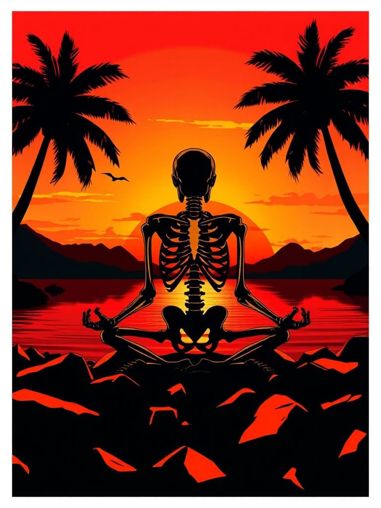 Meditating Skeleton at Sunset in Graphic Style