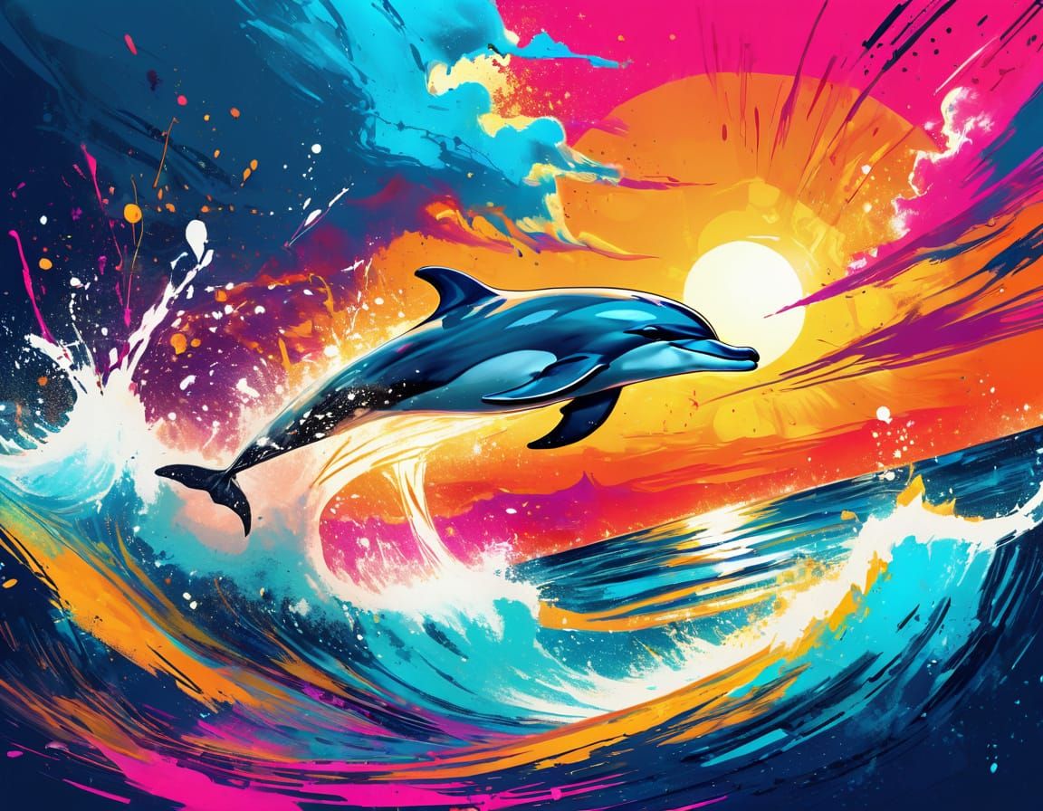 Dolphin Leaps at Surreal Sunset in Comic Book Style