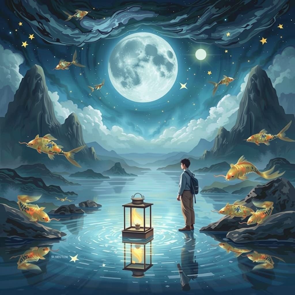 Surreal Dreamscape: Man with Lantern on Floating Rock