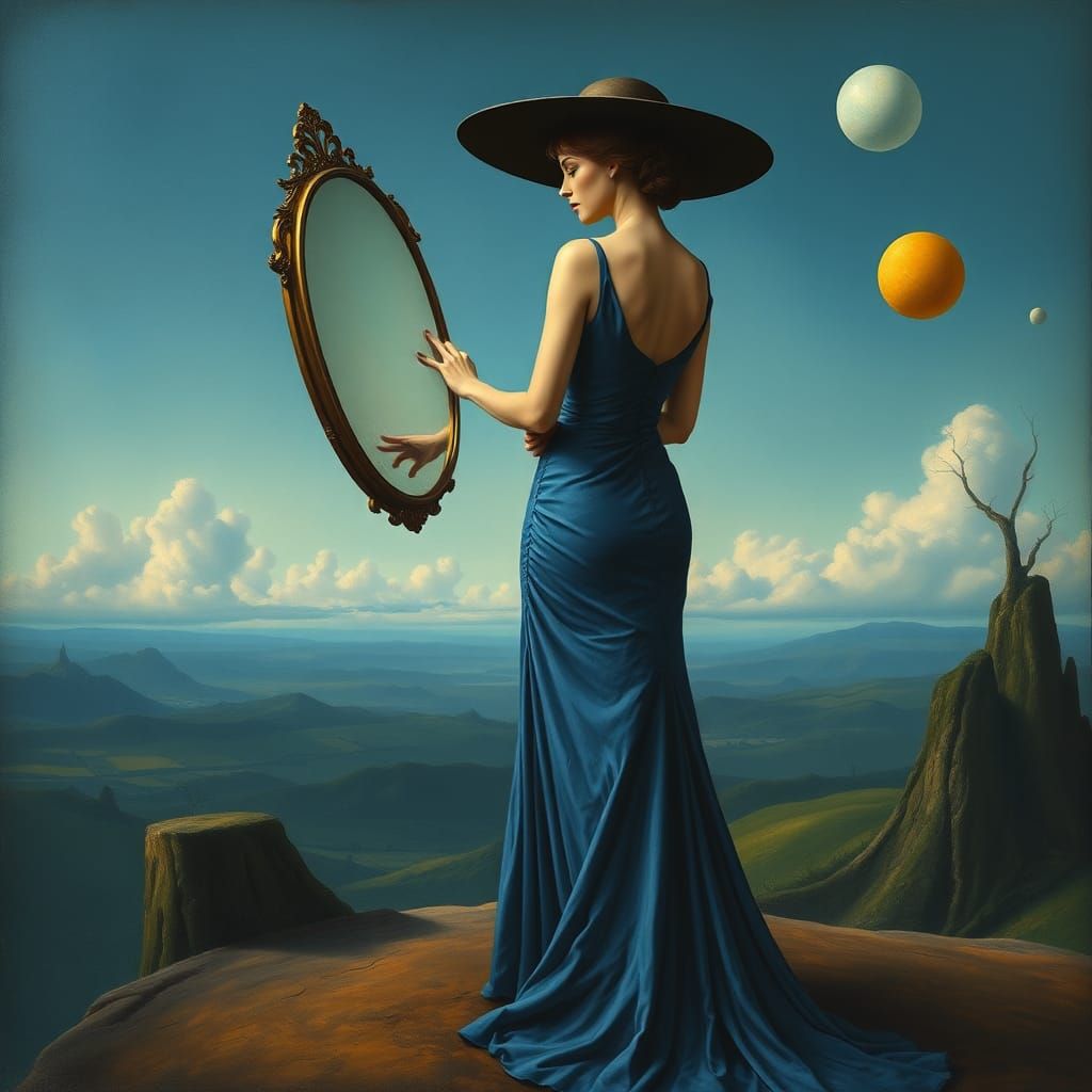 Surreal Woman with Mirror in Dreamscape as Painting