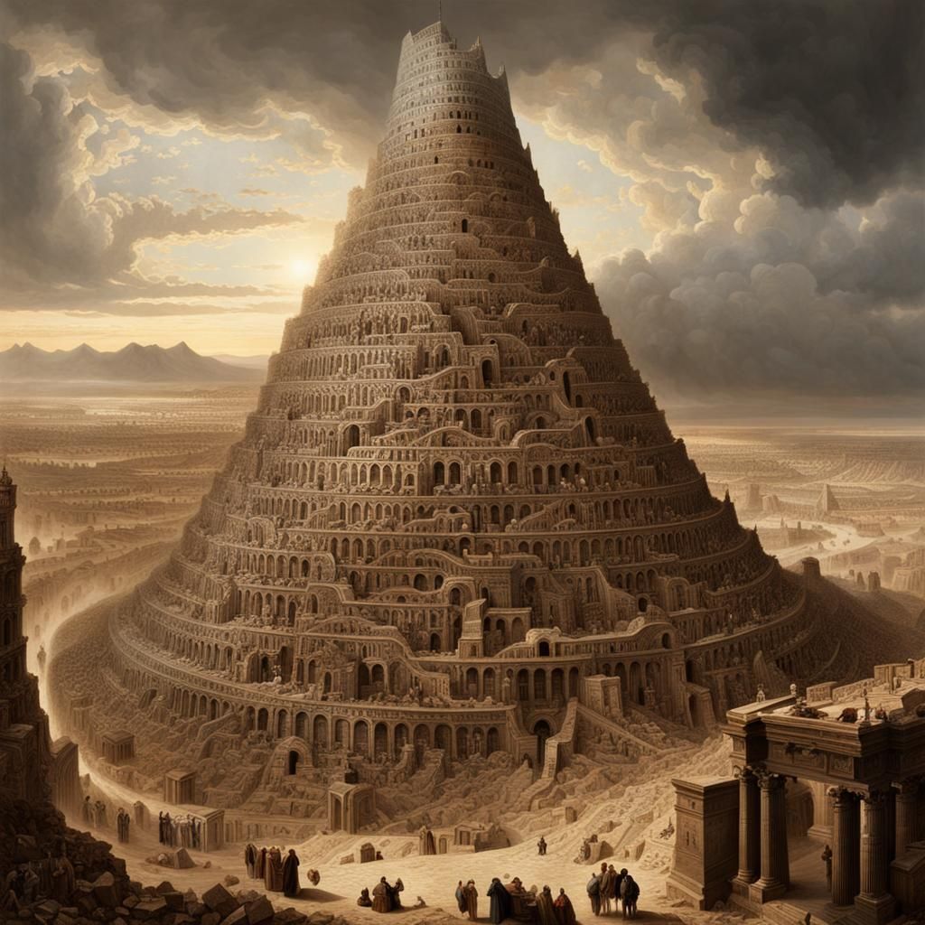 Tower of Babel Made of Words in Rococo Style
