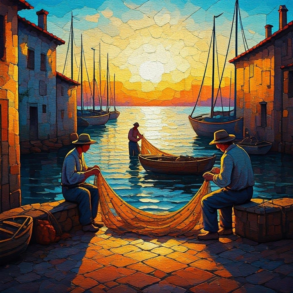 Rustic Fishing Village at Dawn in Naive Art Style