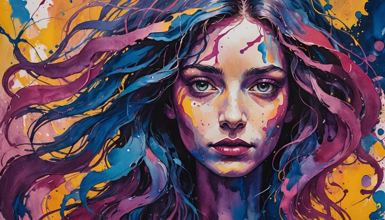 Whimsical Gouache Portrait with Flowing Ink Splashes