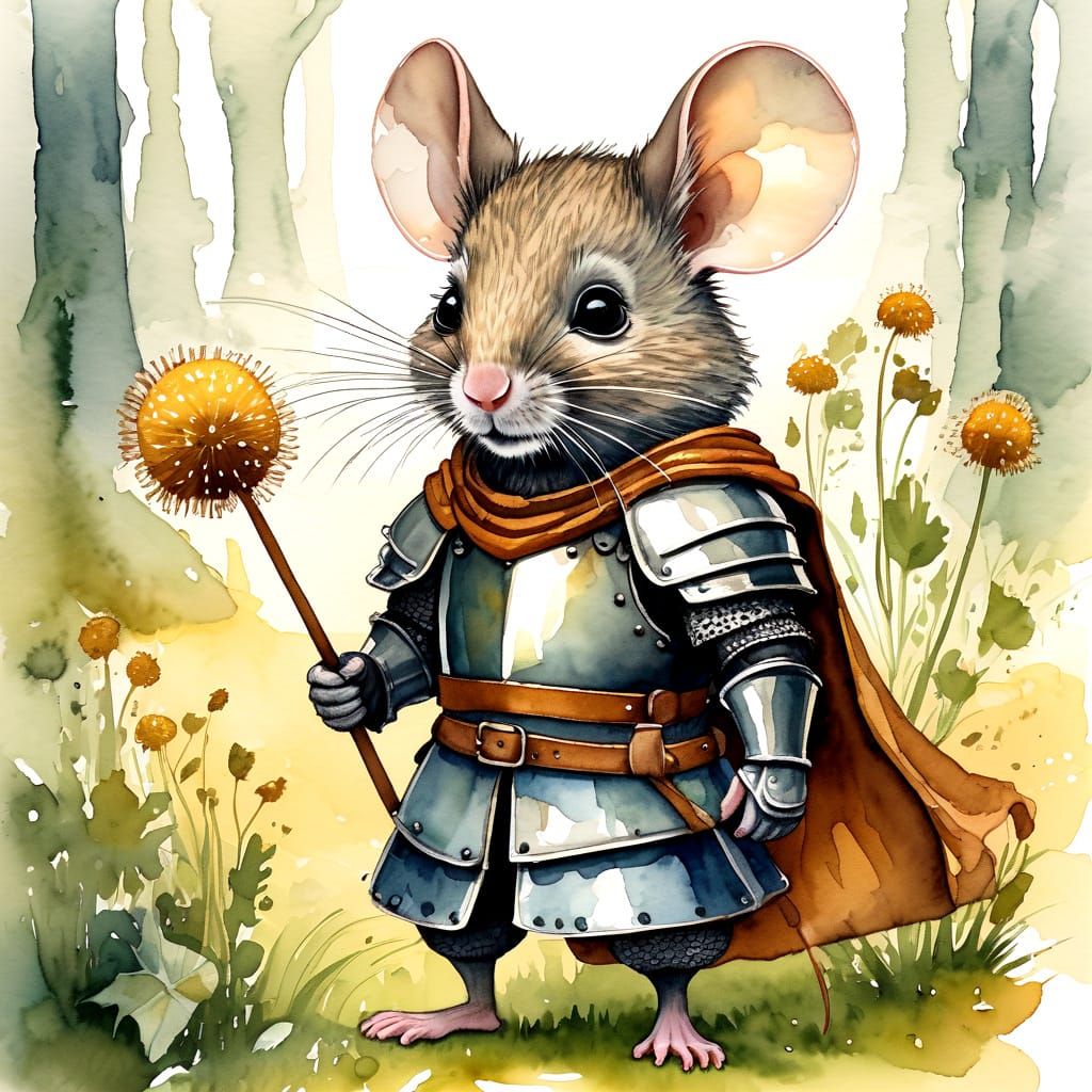 Brave Mouse Knight Defends Dandelion in Storybook Art
