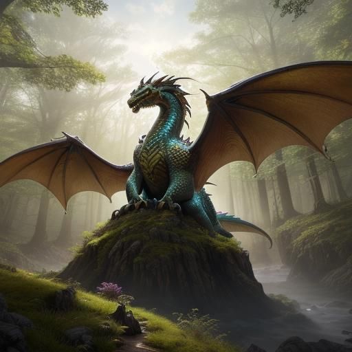 Dragon Perched Atop Mystical Tree: Fantasy Art