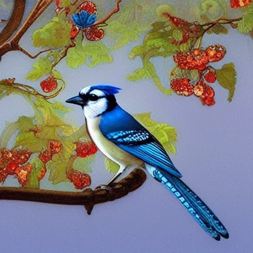 Blue Jay on Gilded Branch in Art Nouveau Style