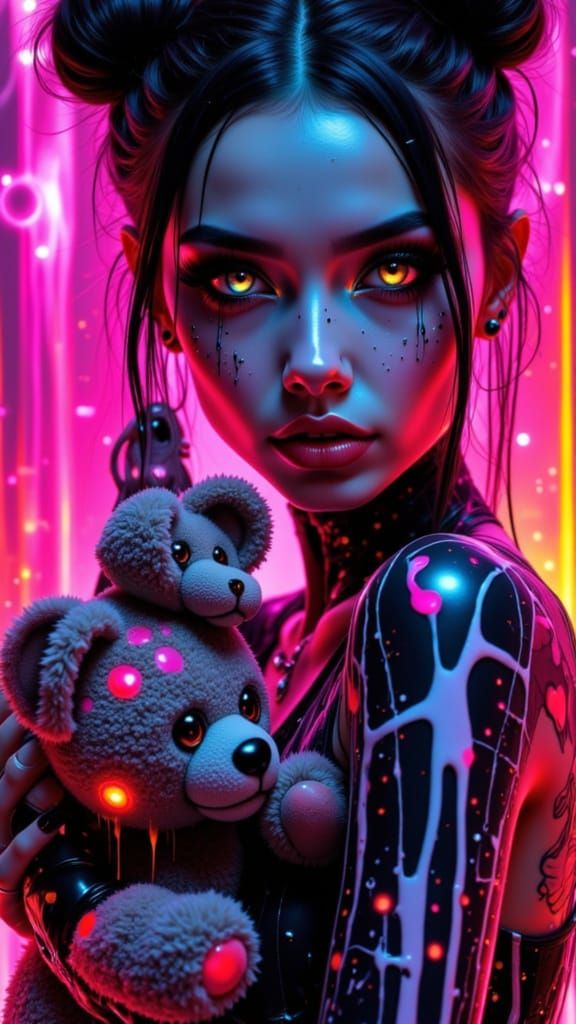 Gothic Cyberpunk Portrait with Fiery Teddy Bear
