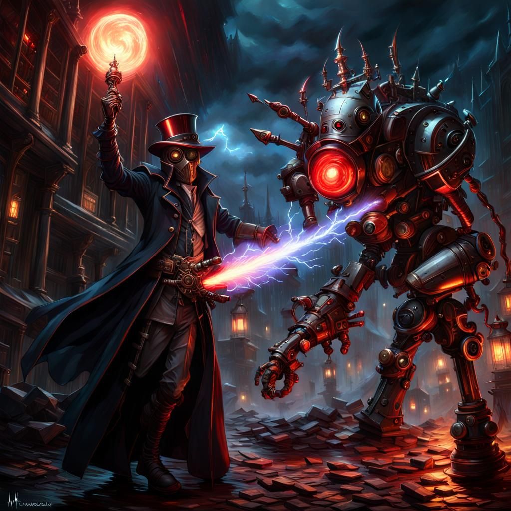 Lightning Mage vs Steampunk Robot in Dystopian Nightmare