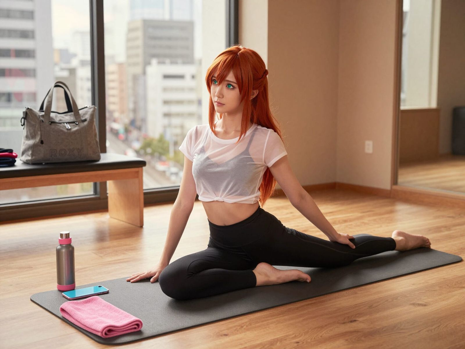 Japanese Woman Yoga in Shibuya Studio at Golden Hour