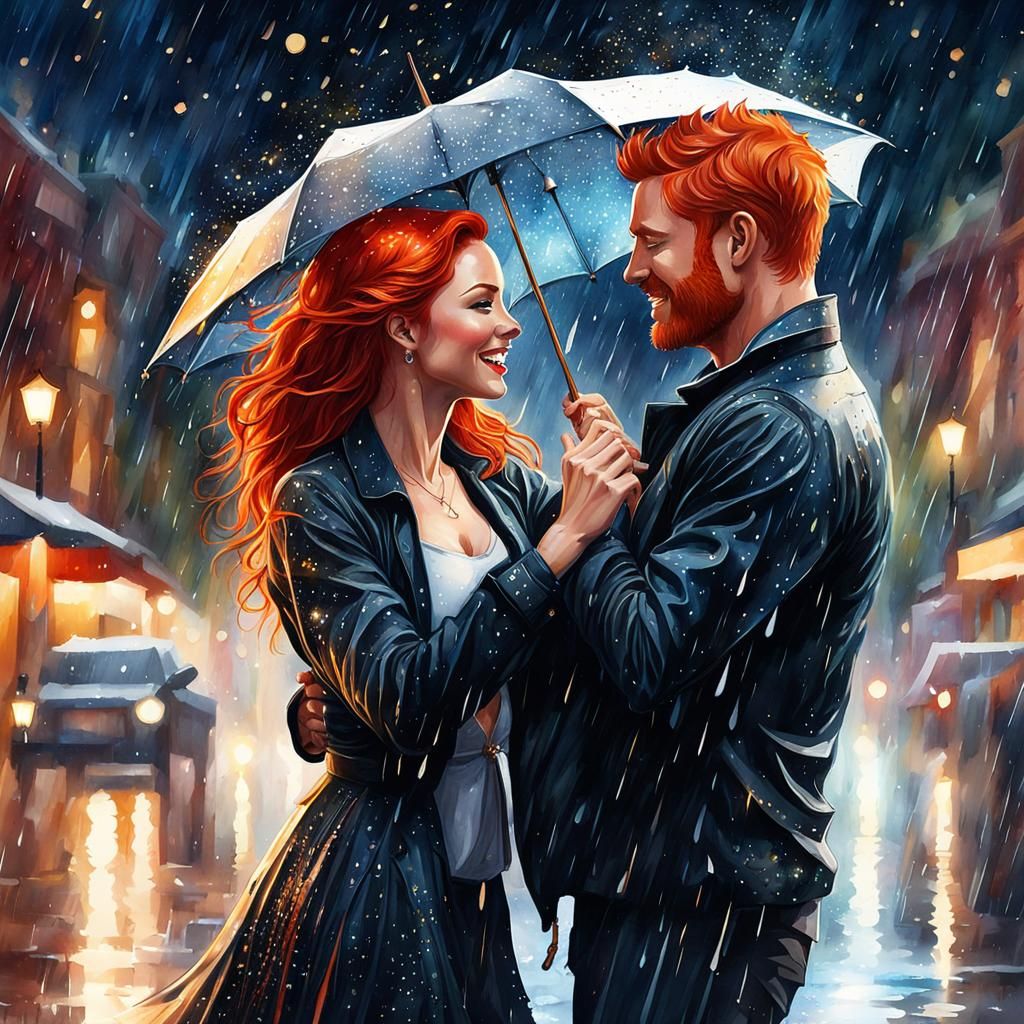 Watercolor Couple Dancing in the Rain Portrait