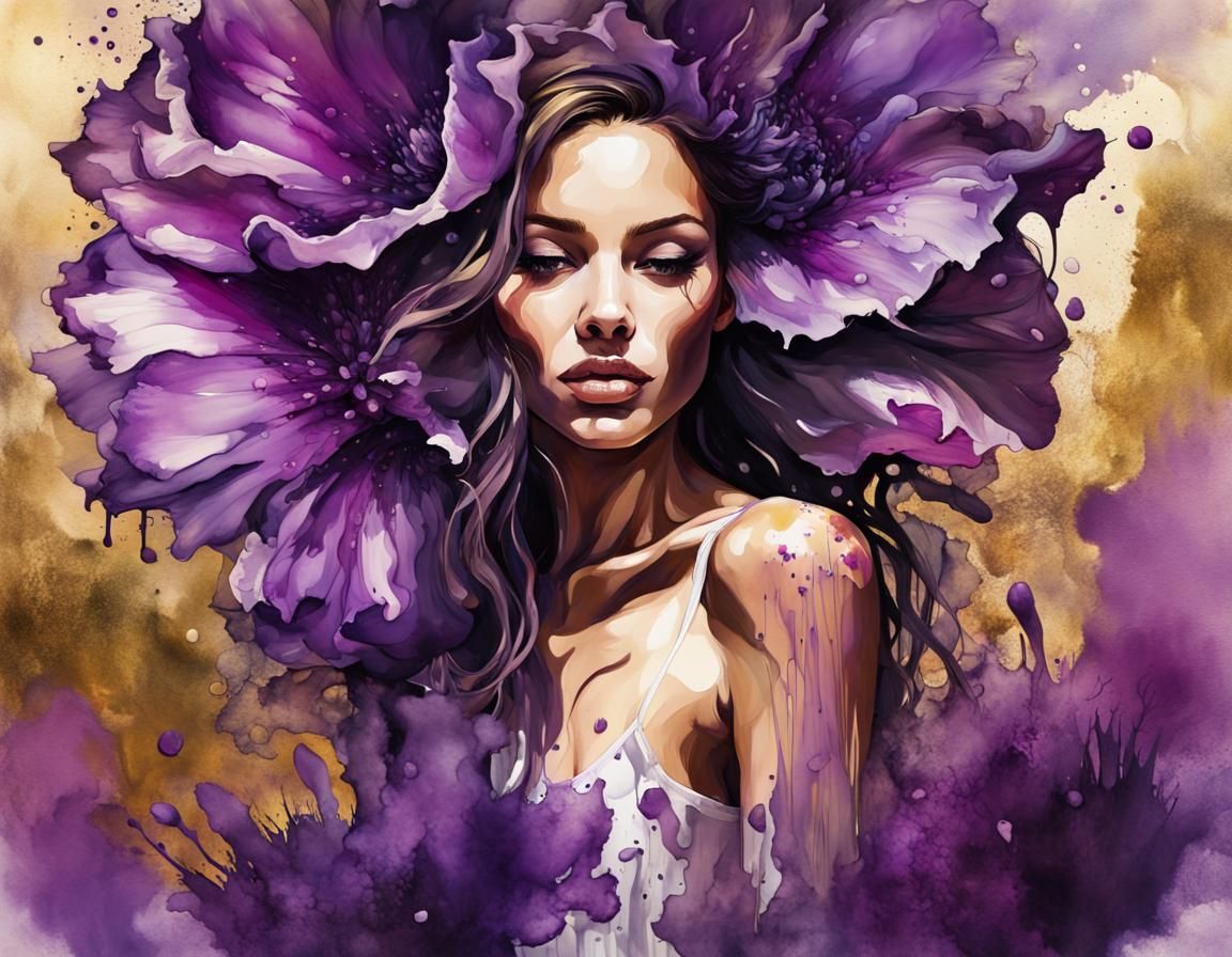 Woman Emerges From Flower: Alcohol Ink Graffiti Art