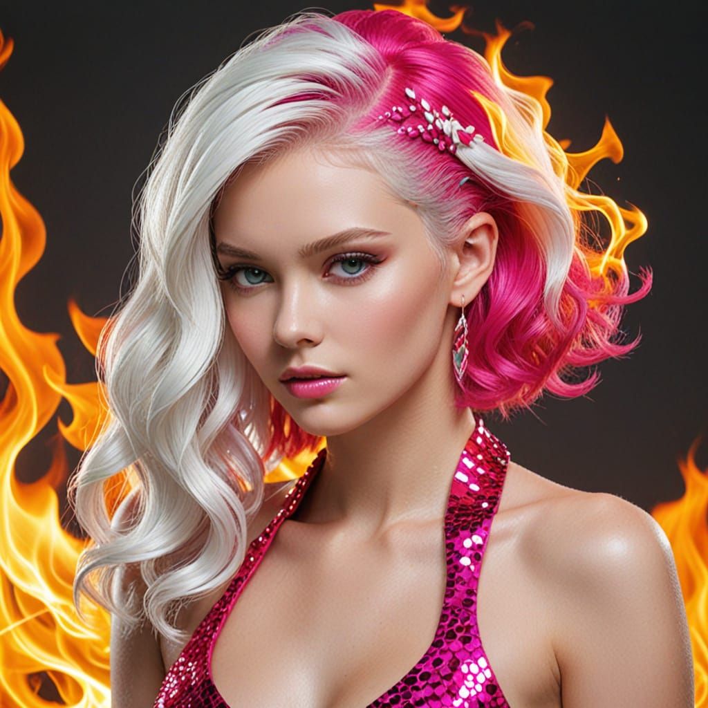 Fantasy Woman with Flame Hairstyle in Hot Pink