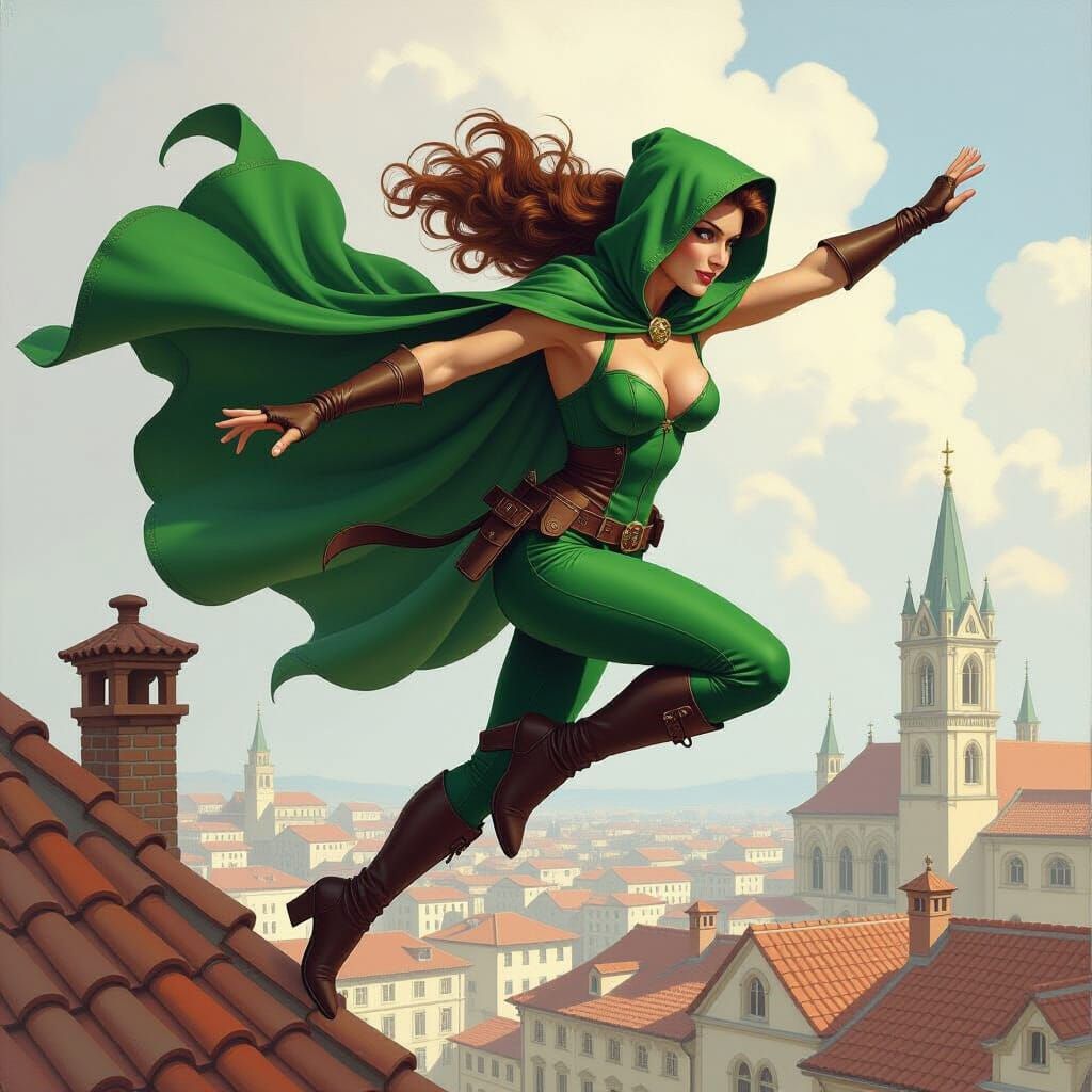 Elf Rogue Leaping Across Rooftops in Oil Painting Style