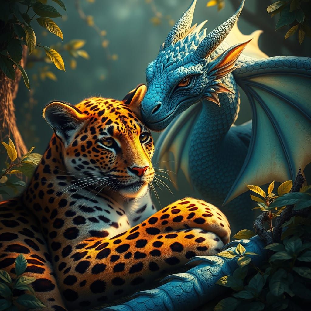 Golden Clouded Leopard Embraces Majestic Blue Dragon in Ench...
