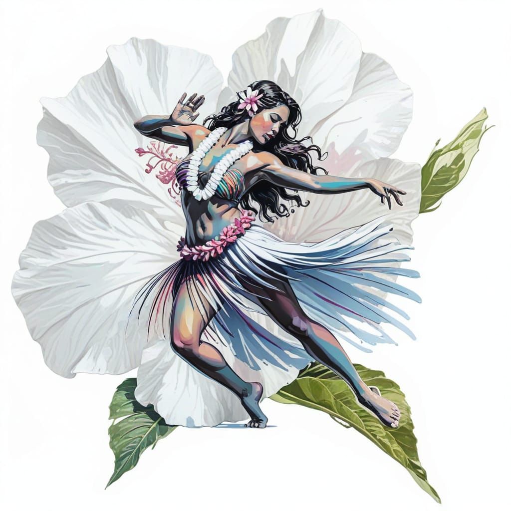 Hula Dancer on Hibiscus Flower in Vibrant Graffiti Style