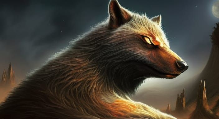 Anthropomorphic Wolf Transformation in Dark Fantasy Style