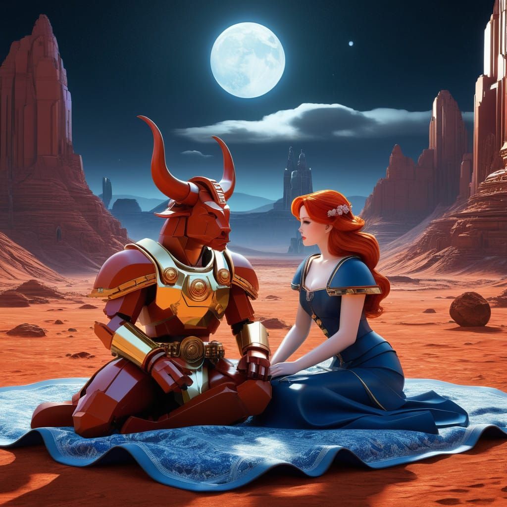 Elegant Minotaur and Redhead Share Picnic on Martian Landsca...