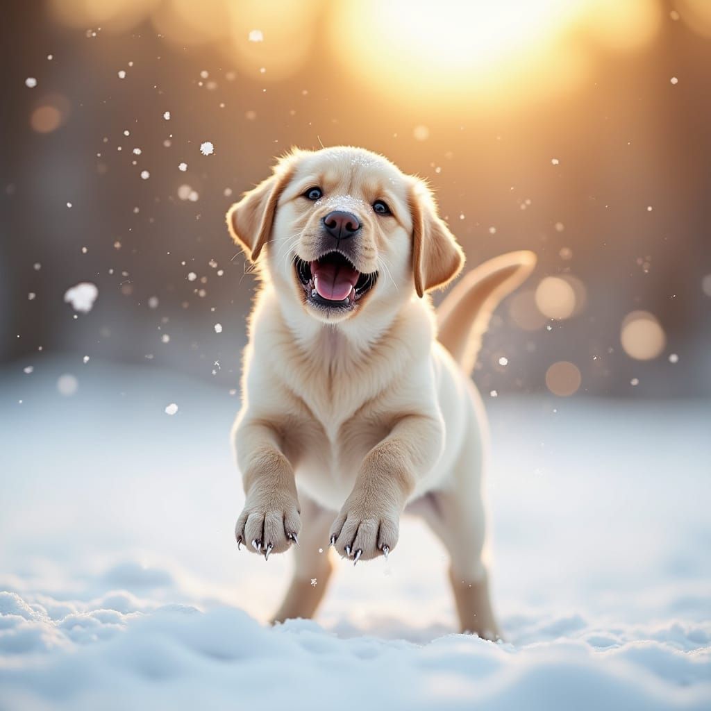Adorable Puppy Joyfully Plays in Snowy Field at Golden Hour