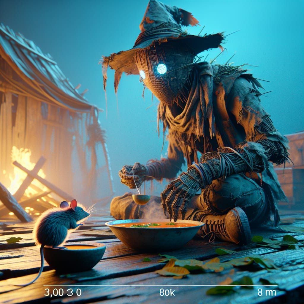 Scarecrow and Mouse Enjoying Soup, 3D Render