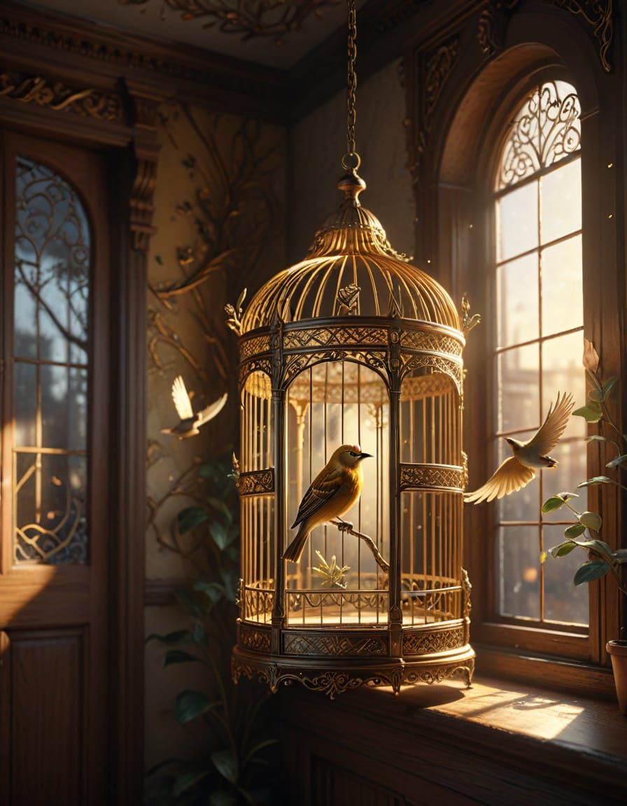 Ornate Golden Birdcage in Sunlit Room, Art Nouveau Style