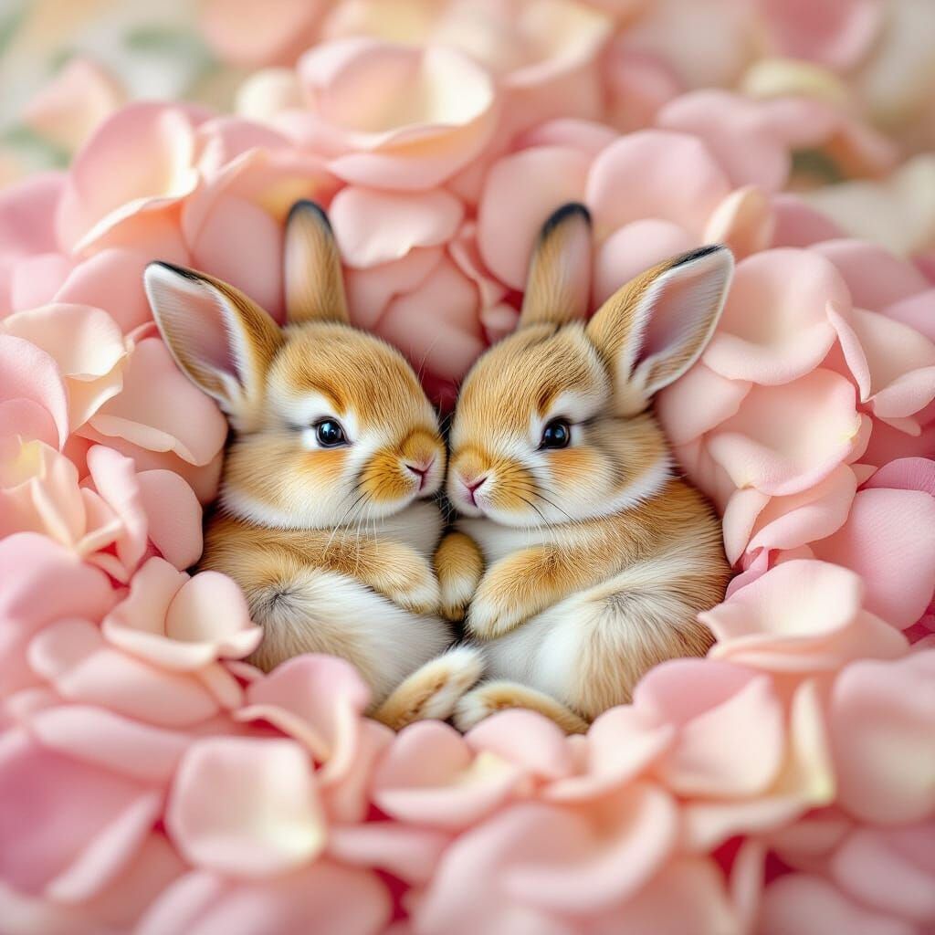 Baby Bunnies in Rose Petals, Art Nouveau Style