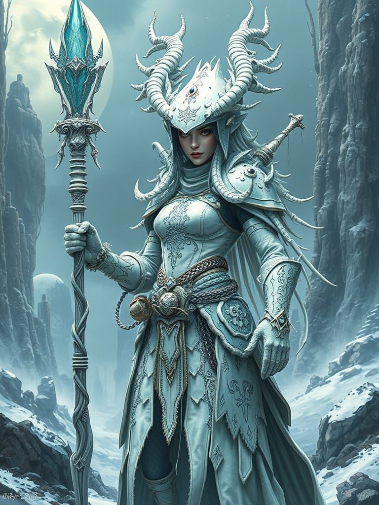 Frost Witch Queen in Leather Armor with Magical Wand