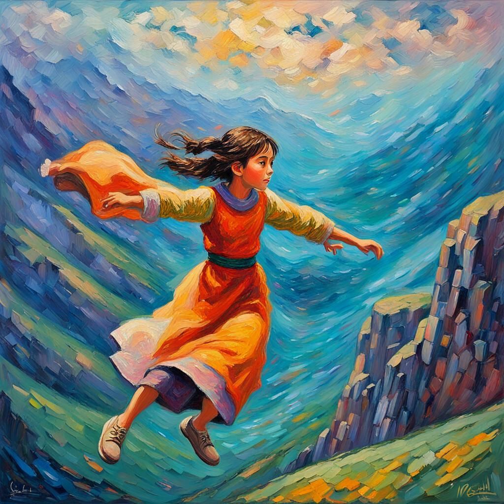 Sheeta in Flight: Neo-Impressionist Oil Painting