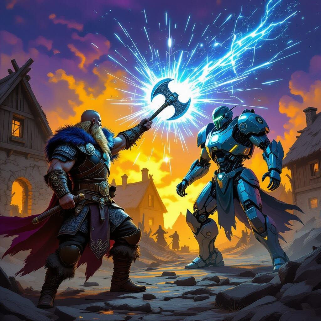 Viking Warrior Battles Futuristic Robot in Cosmic Sci-Fi Sce...