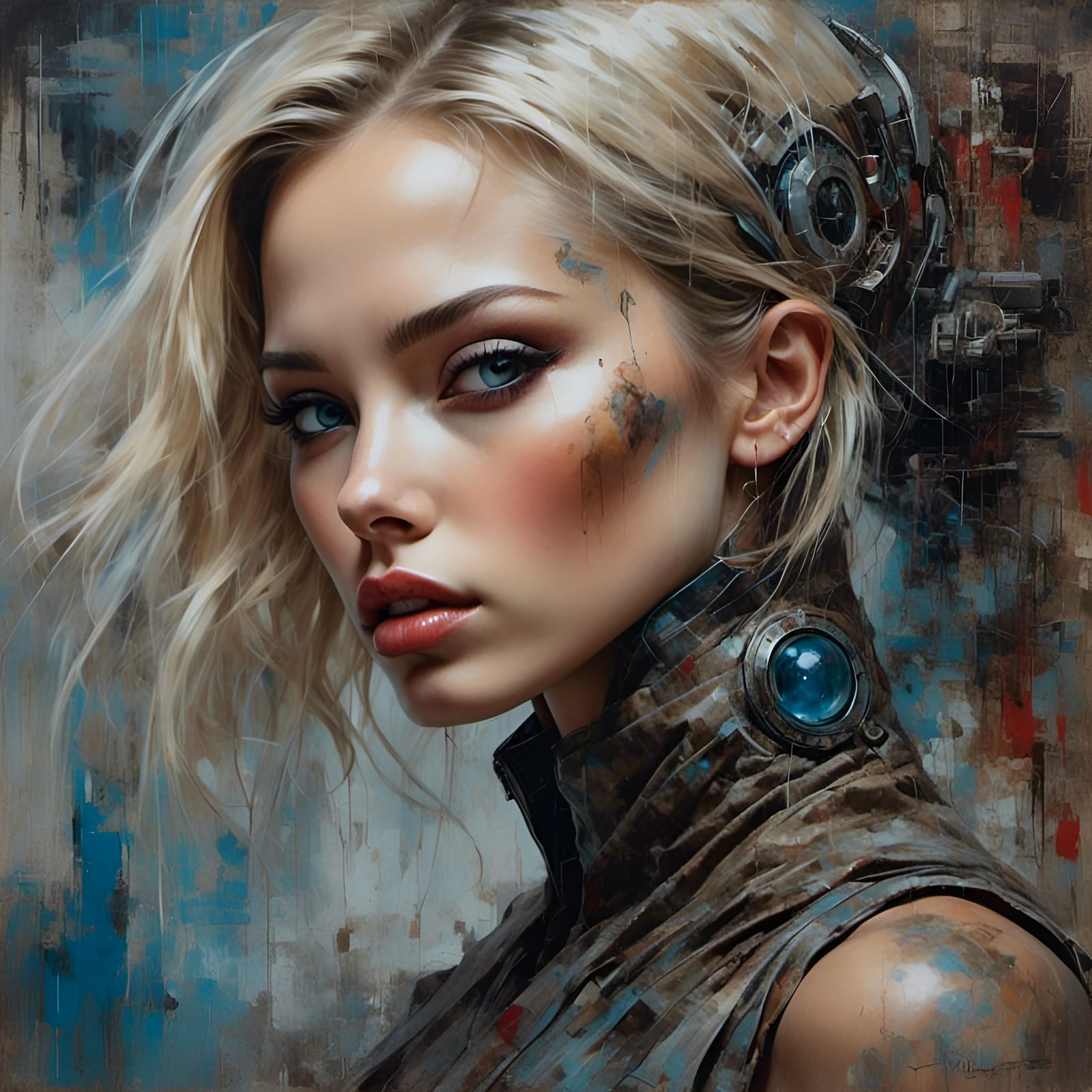 Cyborg Eye Reflecting Earth Explosion in Grunge Style