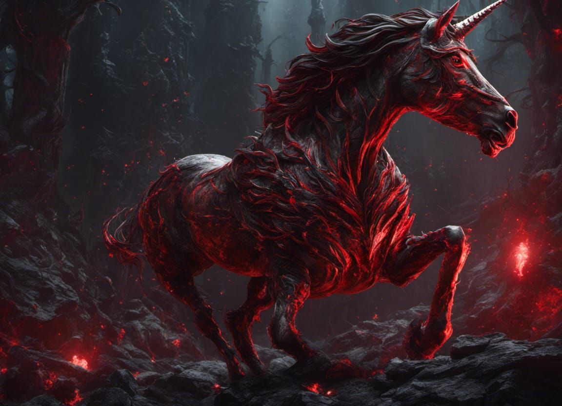Menacing Red and Black Unicorn in Dark Fantasy Style