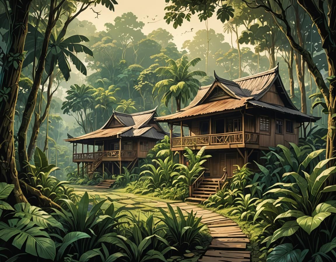Indonesian Morning Jungle House in Comic Book Art