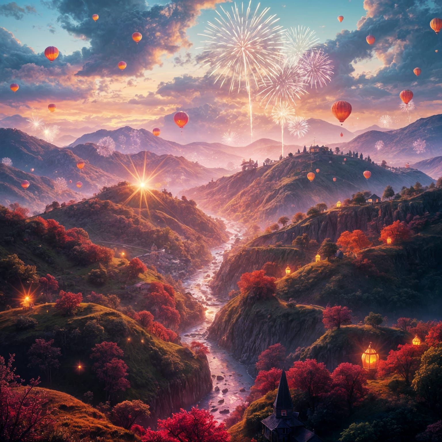 Fantastical Countryside Scene Under Vibrant Fireworks