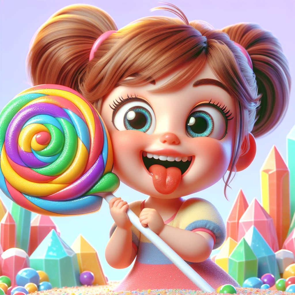 Disney Pixar style 3D adorable little girl, holding a colorful rock candy lollipop on a stick, in a rock candy candyland...