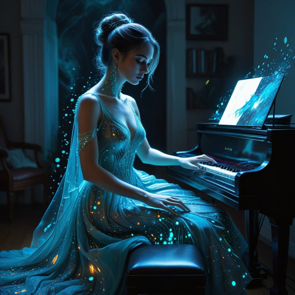 Vibrant Bioluminescent Surrealist Scene with Music and Art