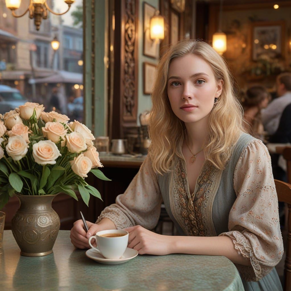 Surreal Café Scene in Soft Neo-Impressionist Style