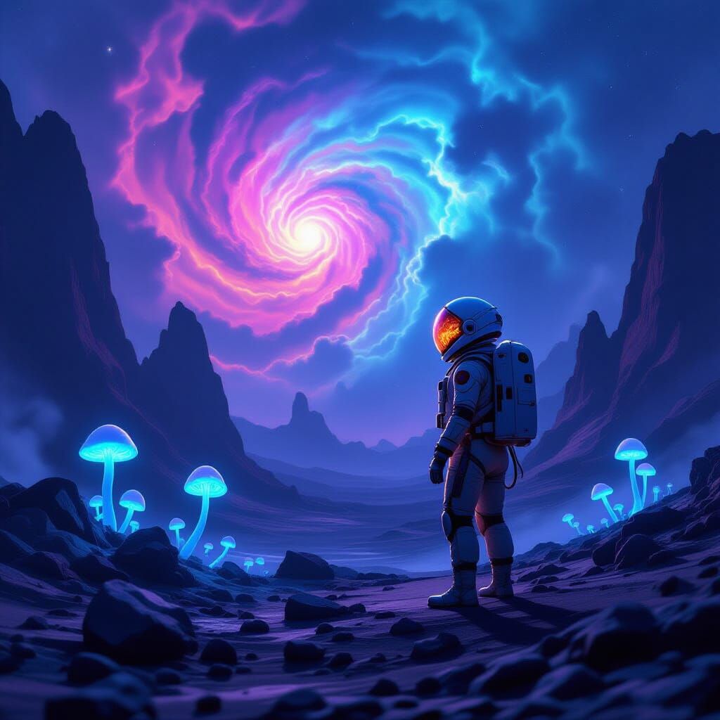 Astronaut on Alien Planet Reflecting Nebula