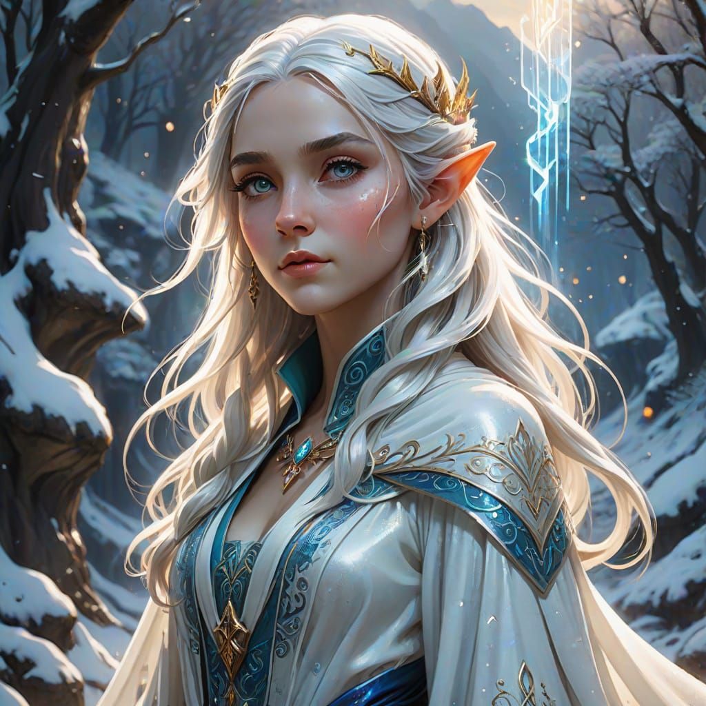 Ethereal Winter Elf Princess in Vivid, Dreamlike Landscape
