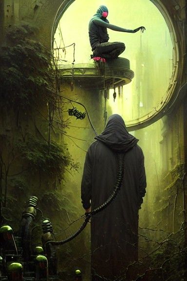 Hooded Gasmask Man in Toxic Fumes: Digital Art