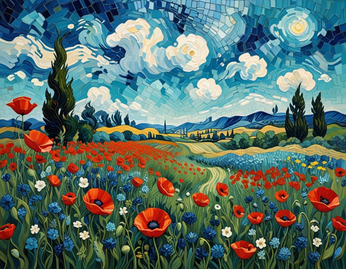 (poppies fields:1.5), Vincent Van Gogh and Salvador Dali, deep blue and turquoise dominant, fine-tuned mosaic ample use ...