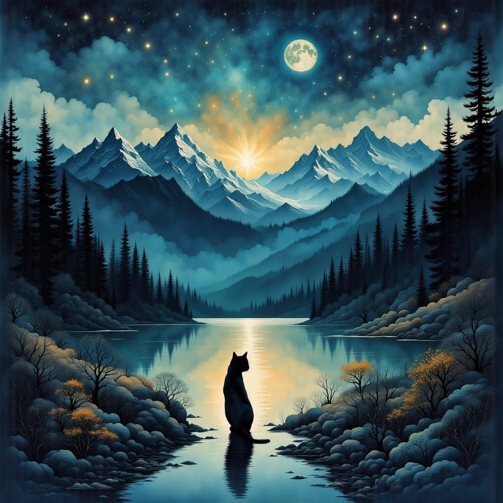 Crystal Cat with Fairy-Tale Landscape Inside