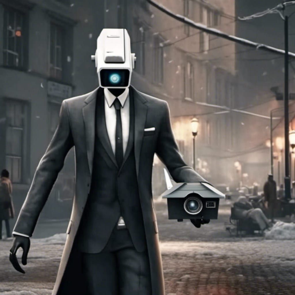 CCTV Headed Man in Tuxedo: Detailed Digital Painting