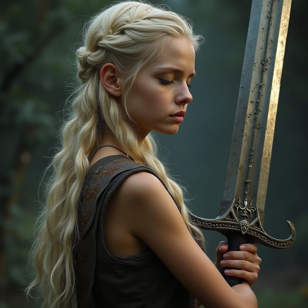 Woman with Viking Braids Holding Sword